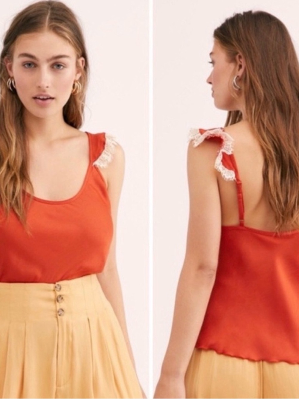 Satin Ruffle-Trim Tank Top in Rust